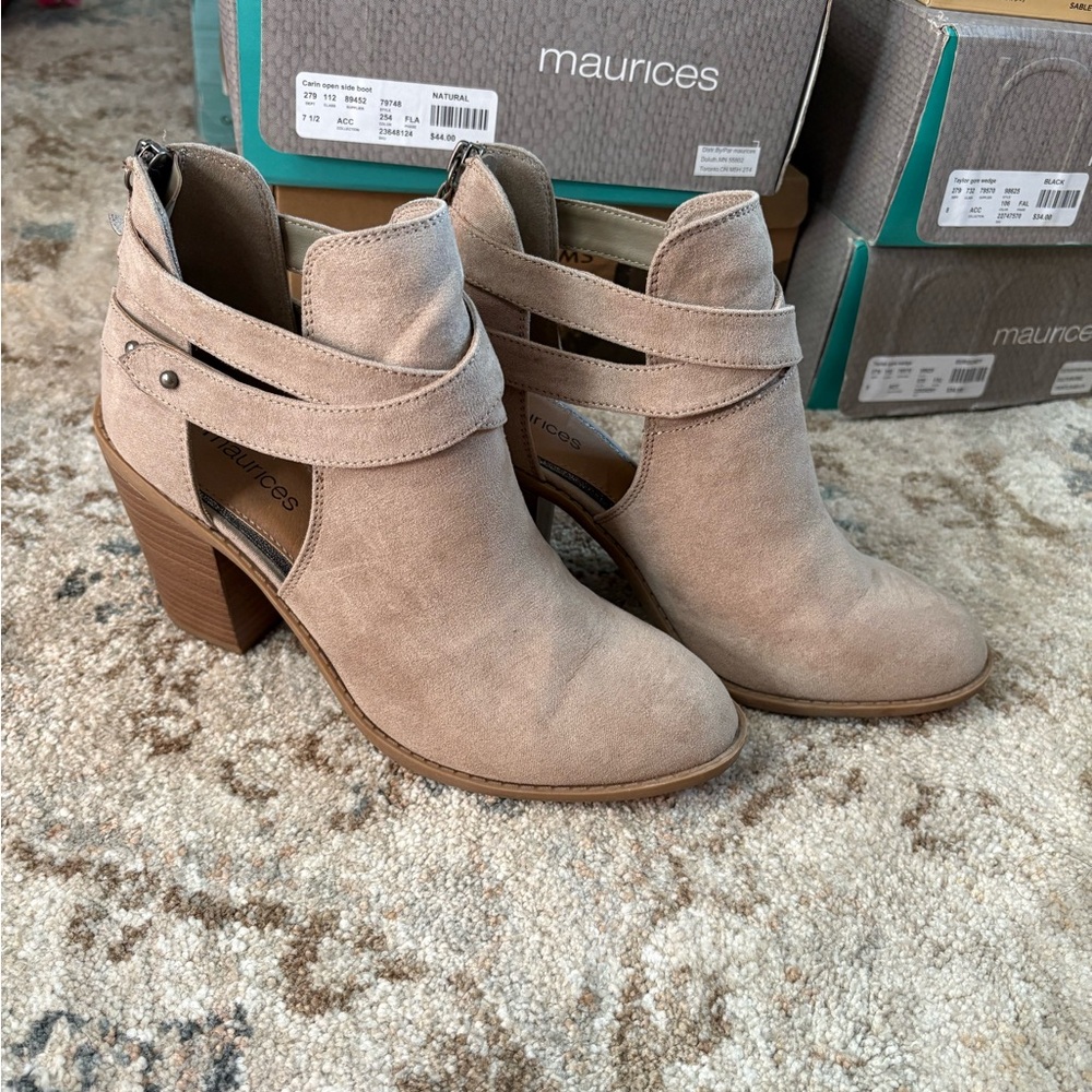 Maurices Taupe Suede Cutout Block Heel Booties